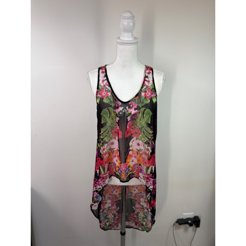 2b bebe Womens Floral Tropical High Low Racerback Tank Top Black Pink Size M